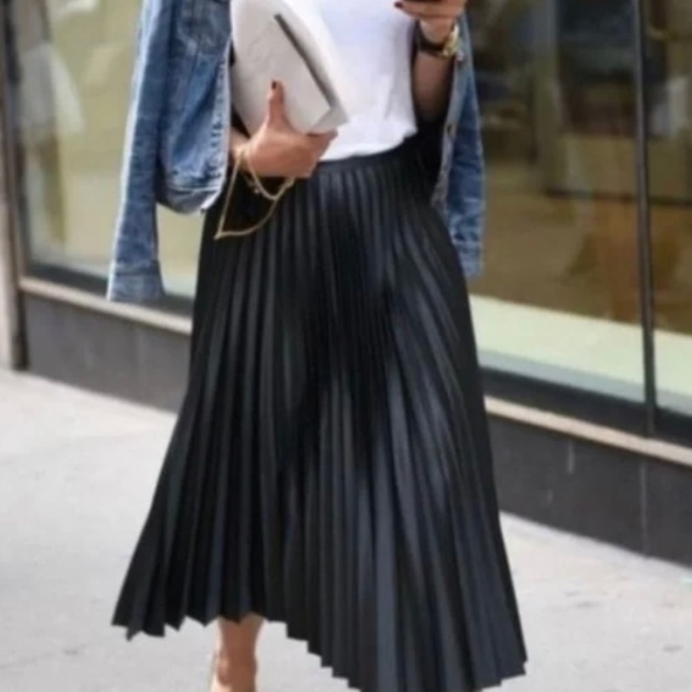 Vegan Leather Pleated Midi Skirt